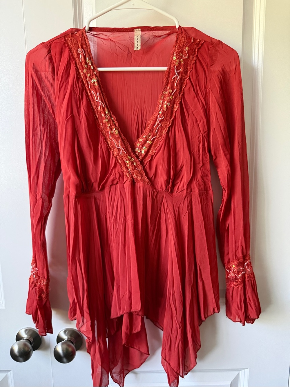 Boho V-Neck Red Embellished Long-Sleeve Women's Top